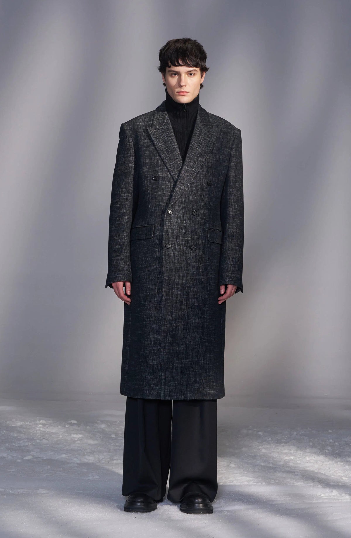 Faux Denim Double-Breasted Coat