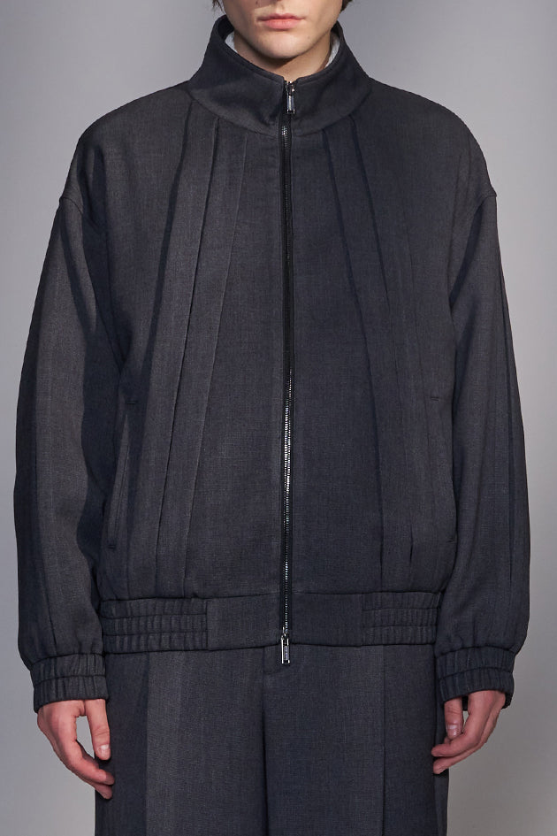 Stand-Collar Pleated Zip-Up Jacket