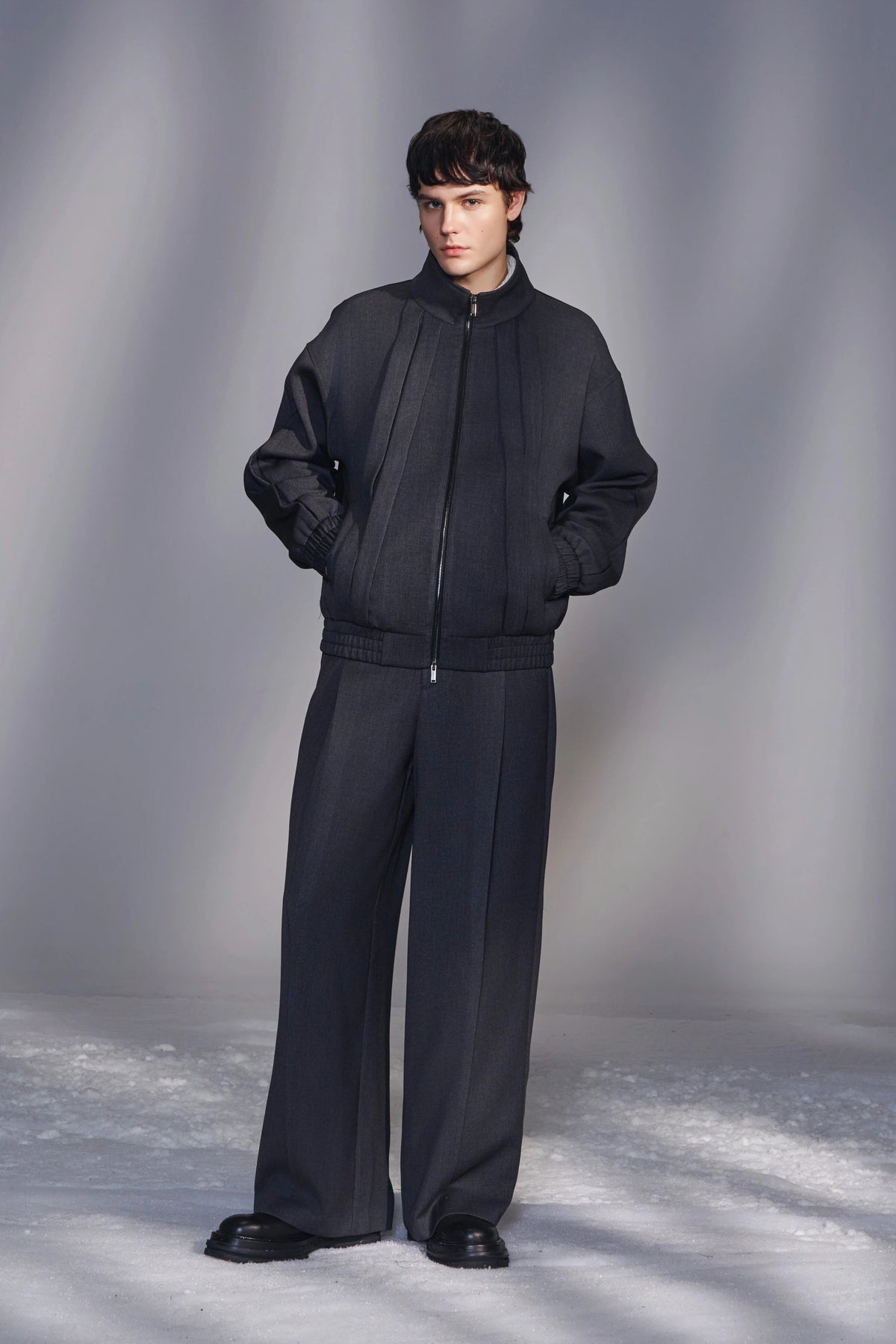 Stand-Collar Pleated Zip-Up Jacket