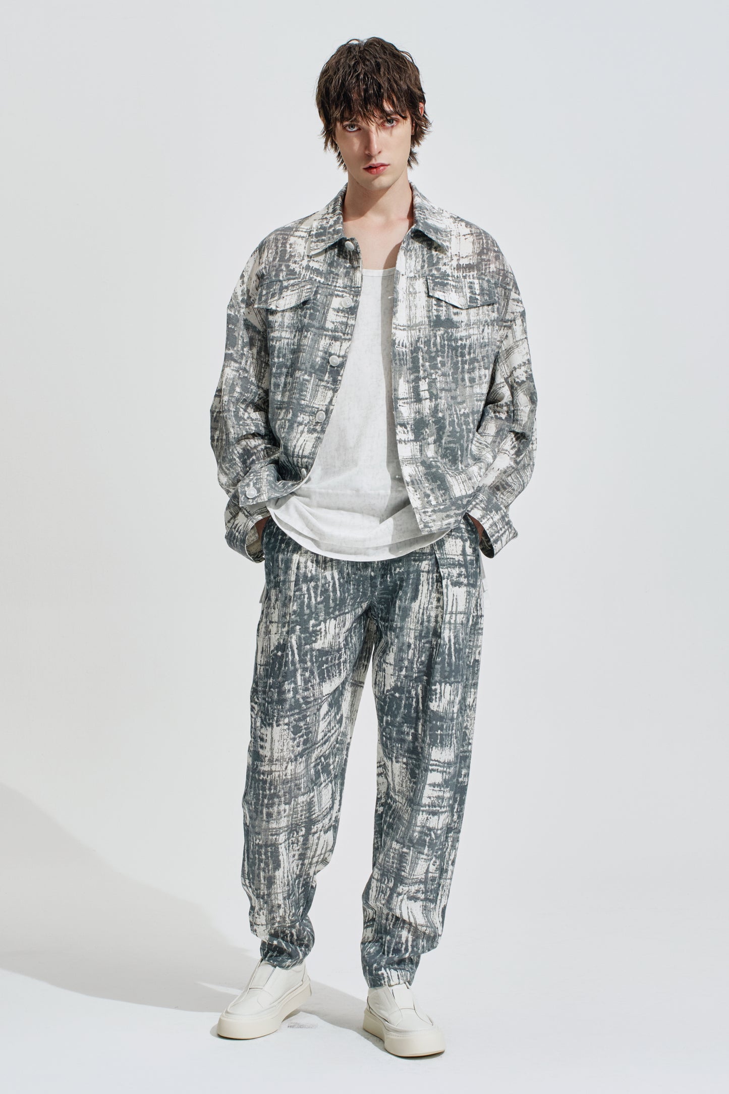 Blurred Check Print Oversize Jacket