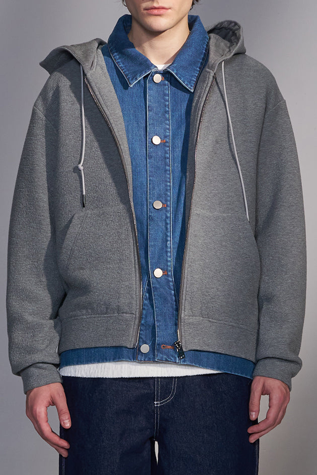 Hooded Knit Jacket with Faux Denim Layers