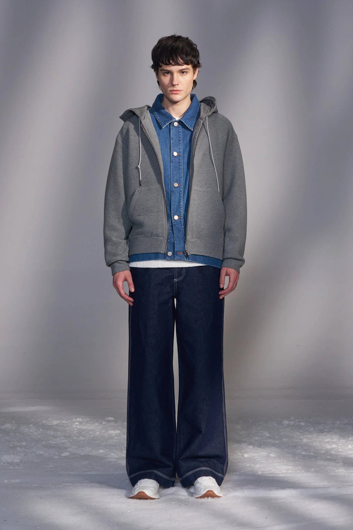 Hooded Knit Jacket with Faux Denim Layers