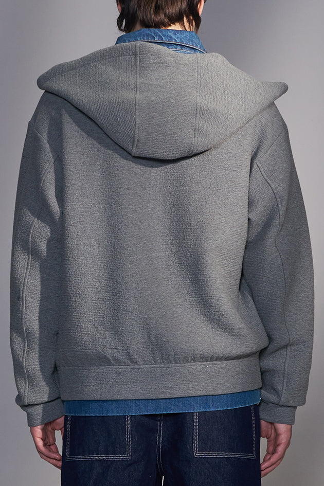Hooded Knit Jacket with Faux Denim Layers