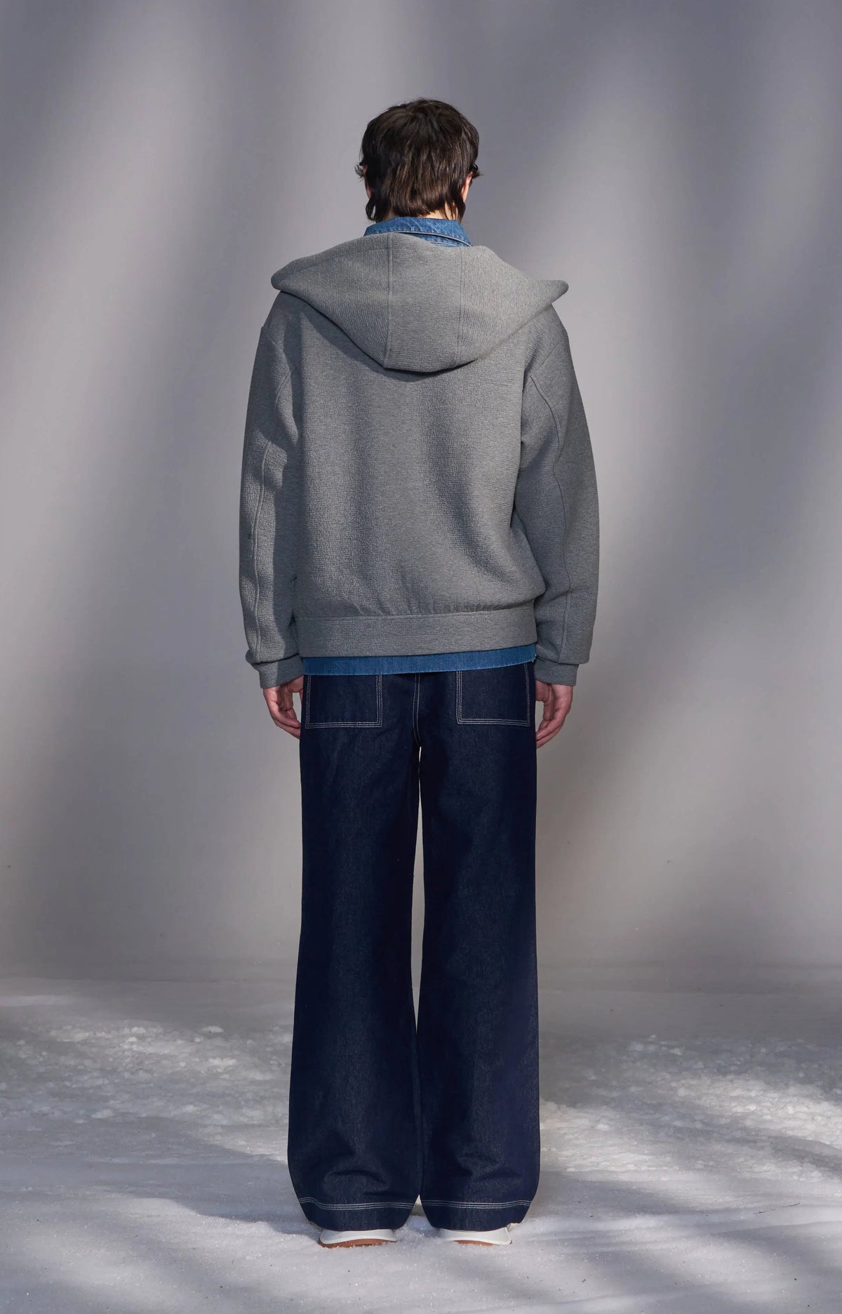 Hooded Knit Jacket with Faux Denim Layers