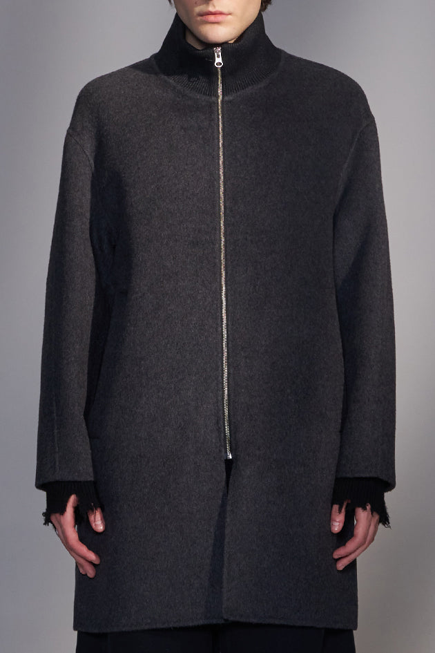 Double-Face Wool Zip-Up Coat with Rib Collar