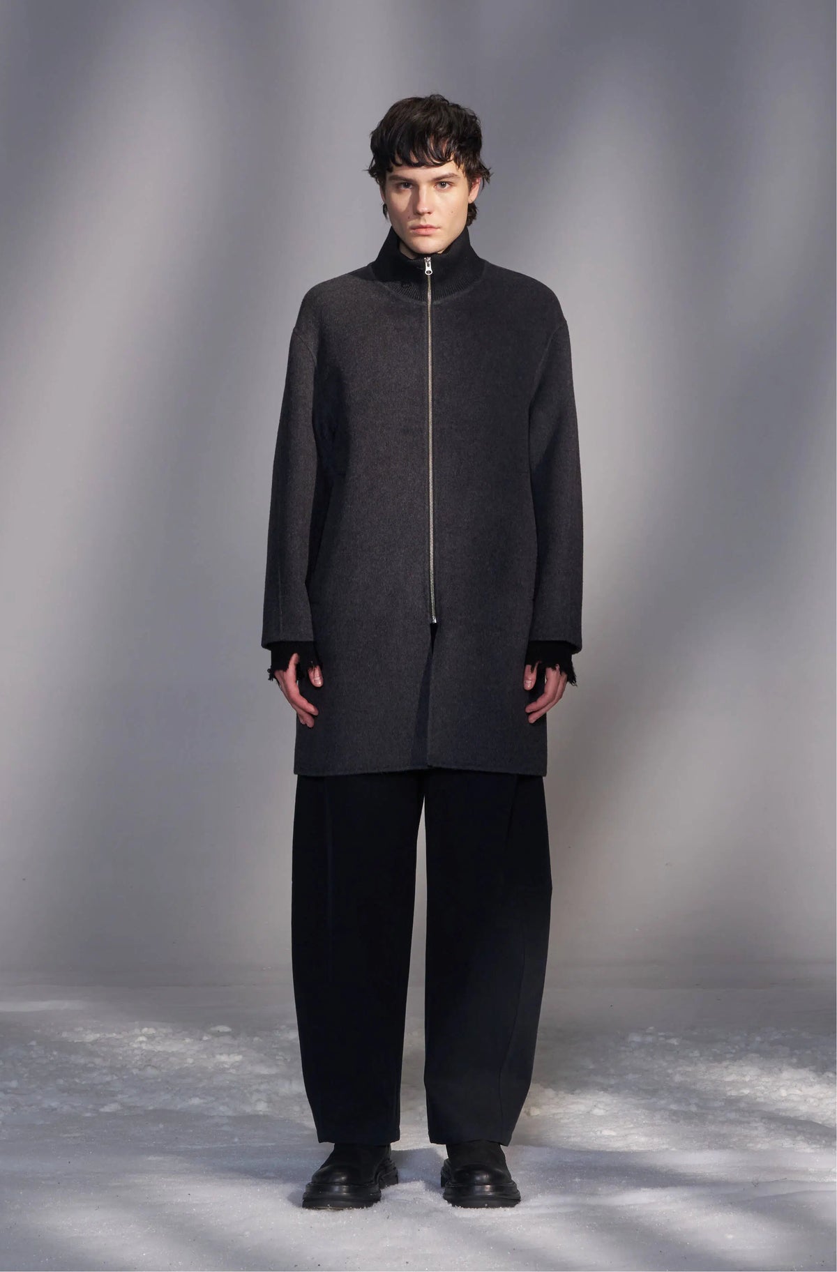 Double-Face Wool Zip-Up Coat with Rib Collar