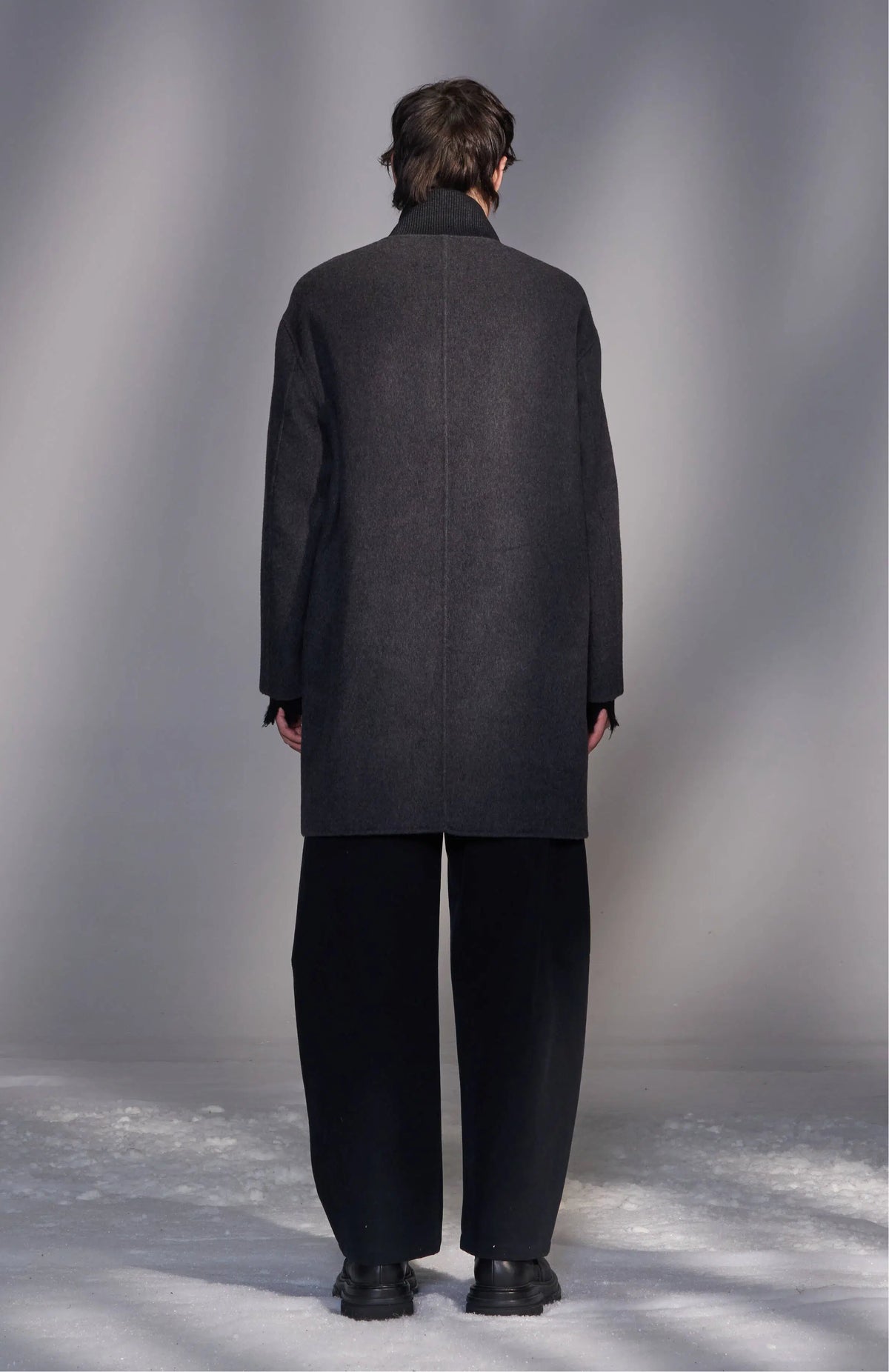 Double-Face Wool Zip-Up Coat with Rib Collar