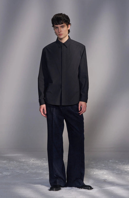 Cotton Shirt with Hidden Placket and Pleats