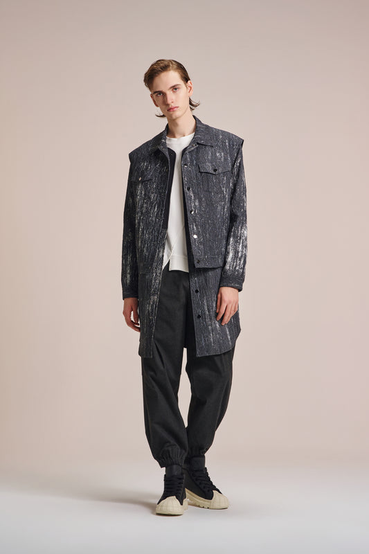 2in1 Crepe Denim Coat With Brush Print