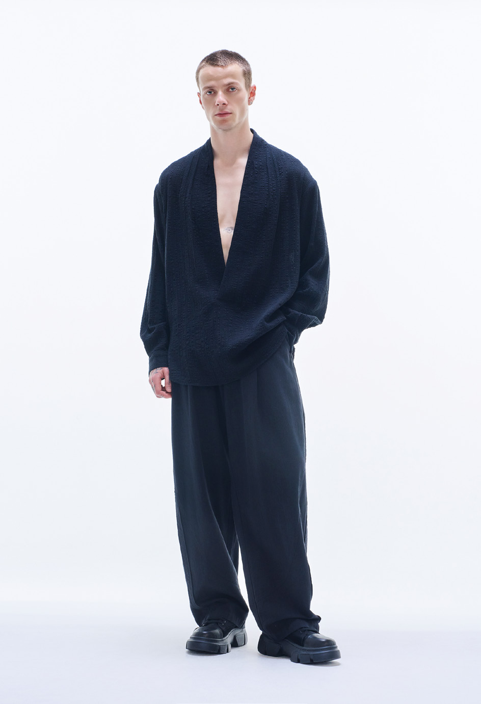 Deep V Neck Texture Cotton Shirt