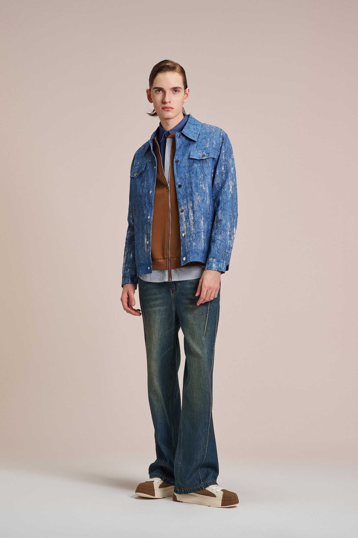 Crepe Denim Jacket With Brush Print