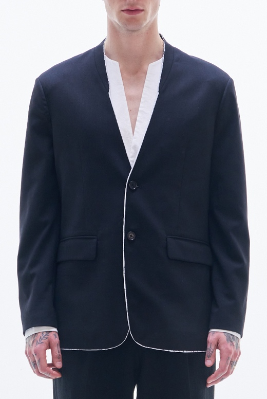 No-Collar Wool Blazer with Raw Edge