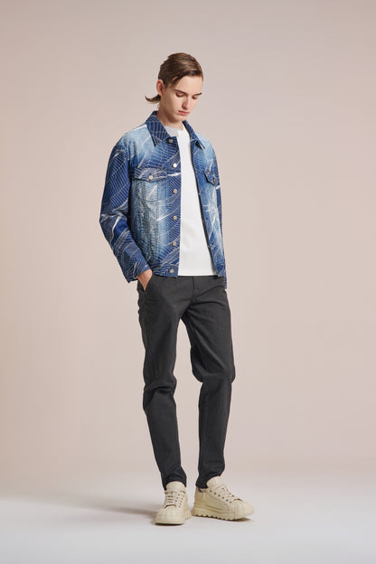 ワイヤー柄プリントのウォッシュ加工デニムジャケット