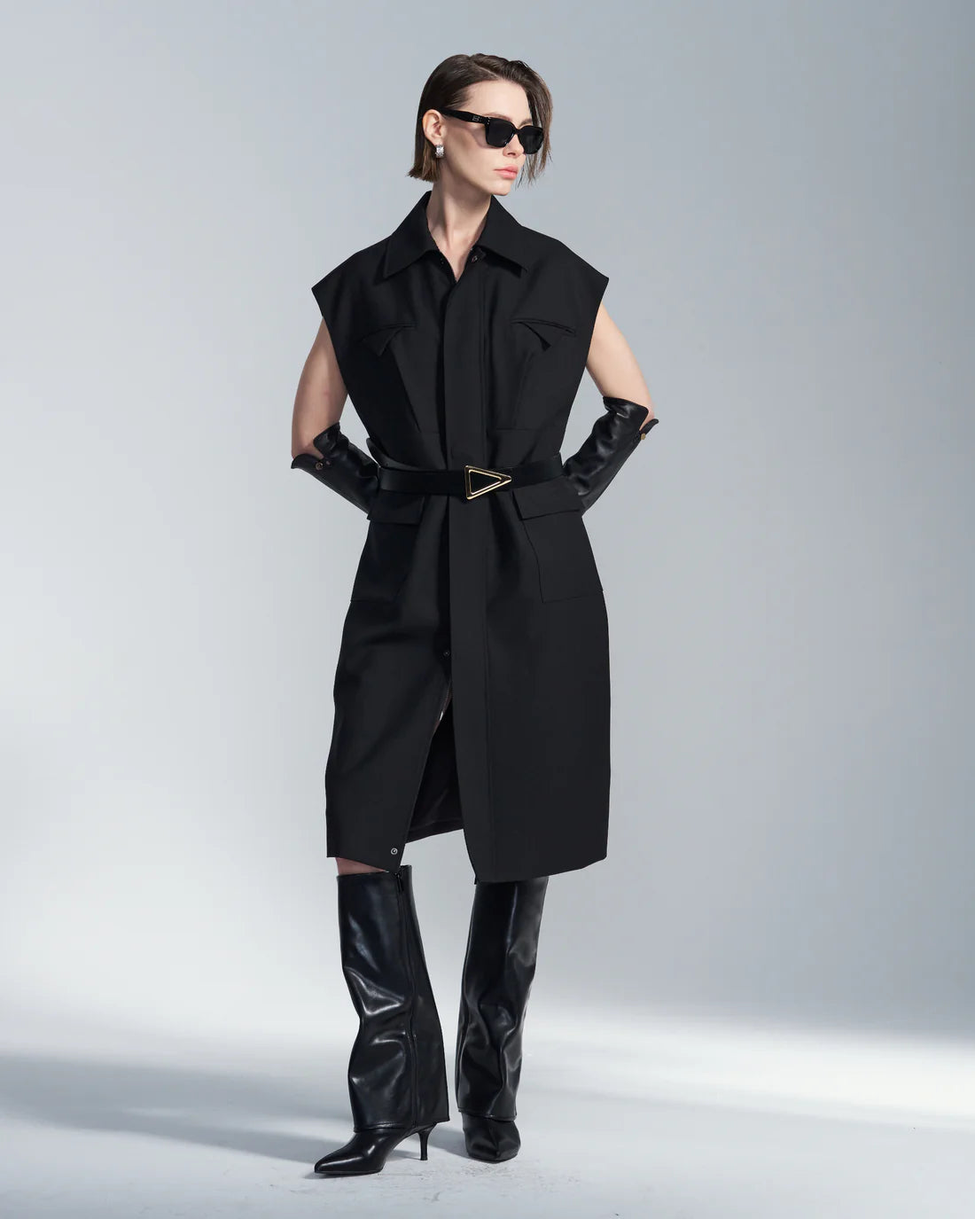 Wide Shoulder Sleeveless Shirt Dress