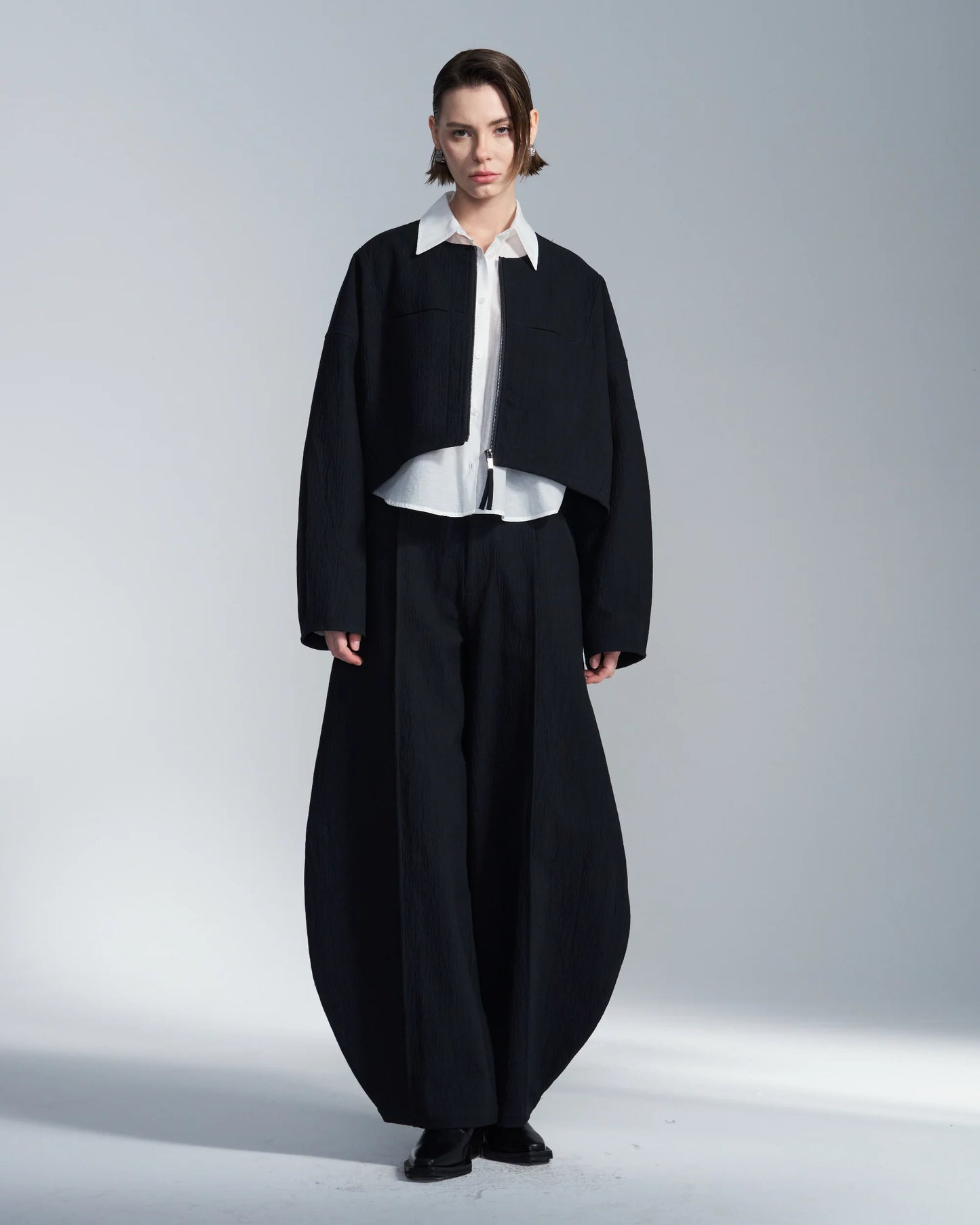 Crepe Cotton Cropped Round Neck Jacket