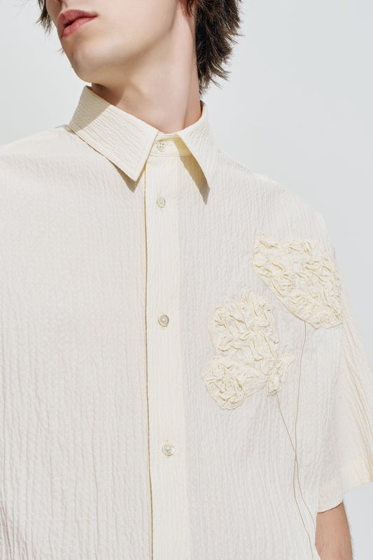 Oversize Textured Cotton Shirt With Flowers Embroidery