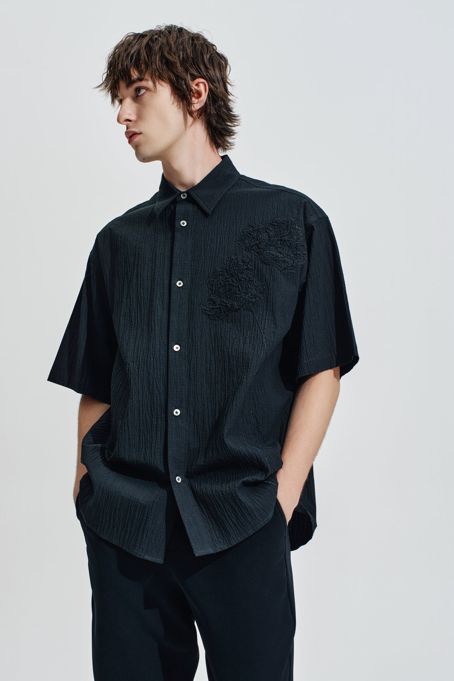 Oversize Textured Cotton Shirt With Flowers Embroidery