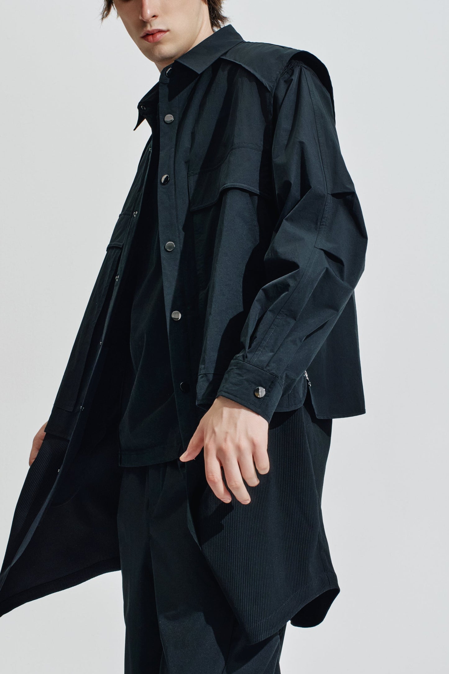 Long Shirt Jacket Contrast With Perforated Nylon