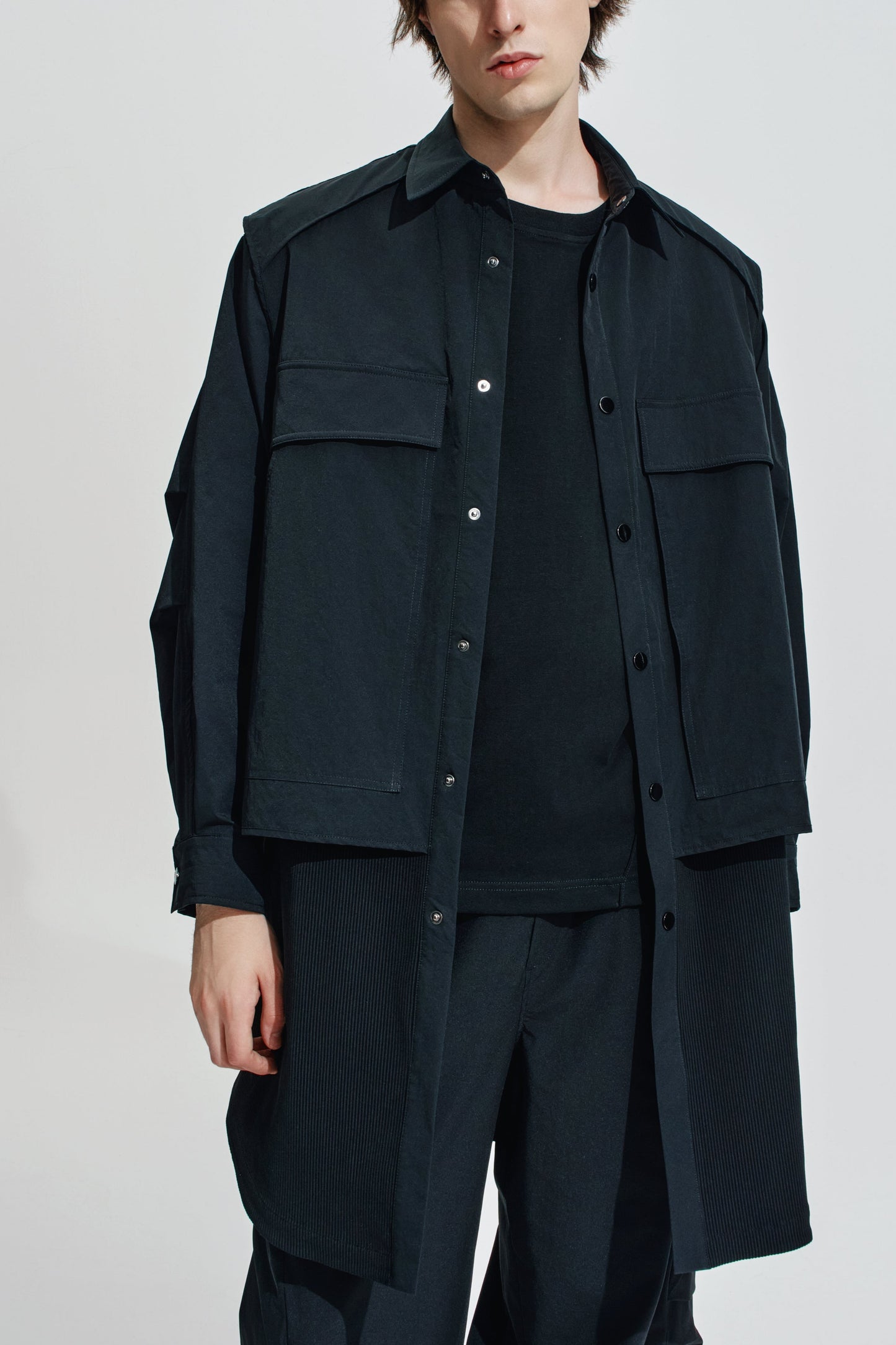 Long Shirt Jacket Contrast With Perforated Nylon