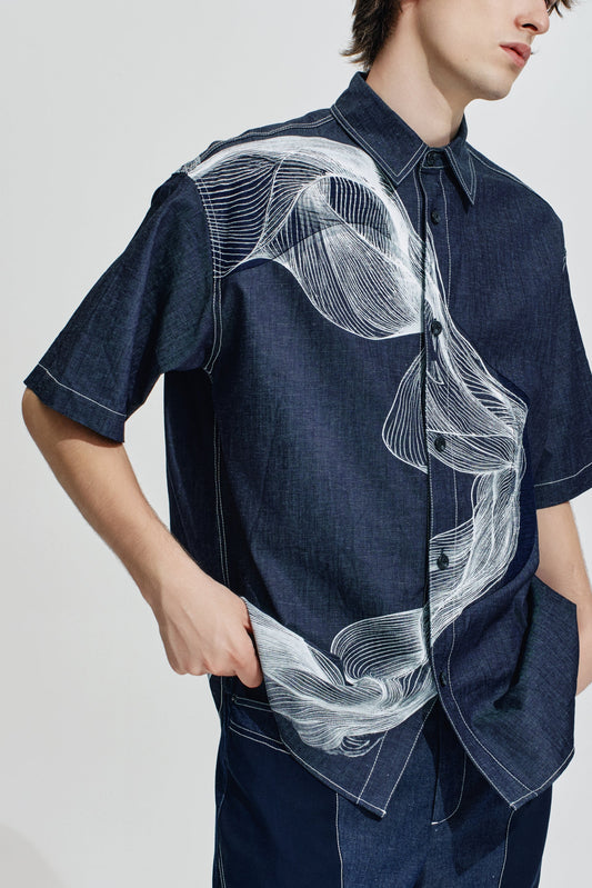 Oversize Denim Shirt With Organic Wave Print