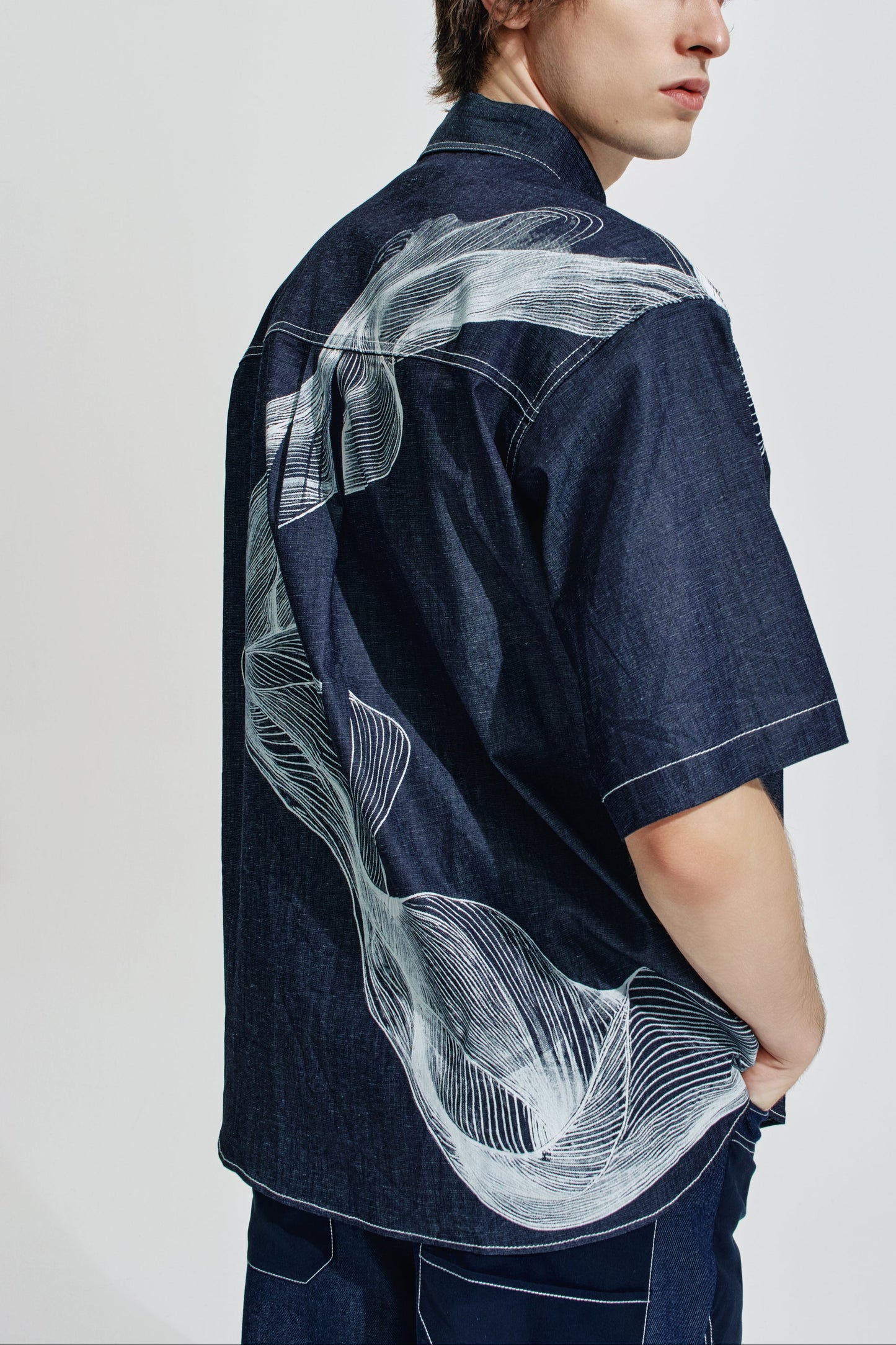 Oversize Denim Shirt With Organic Wave Print