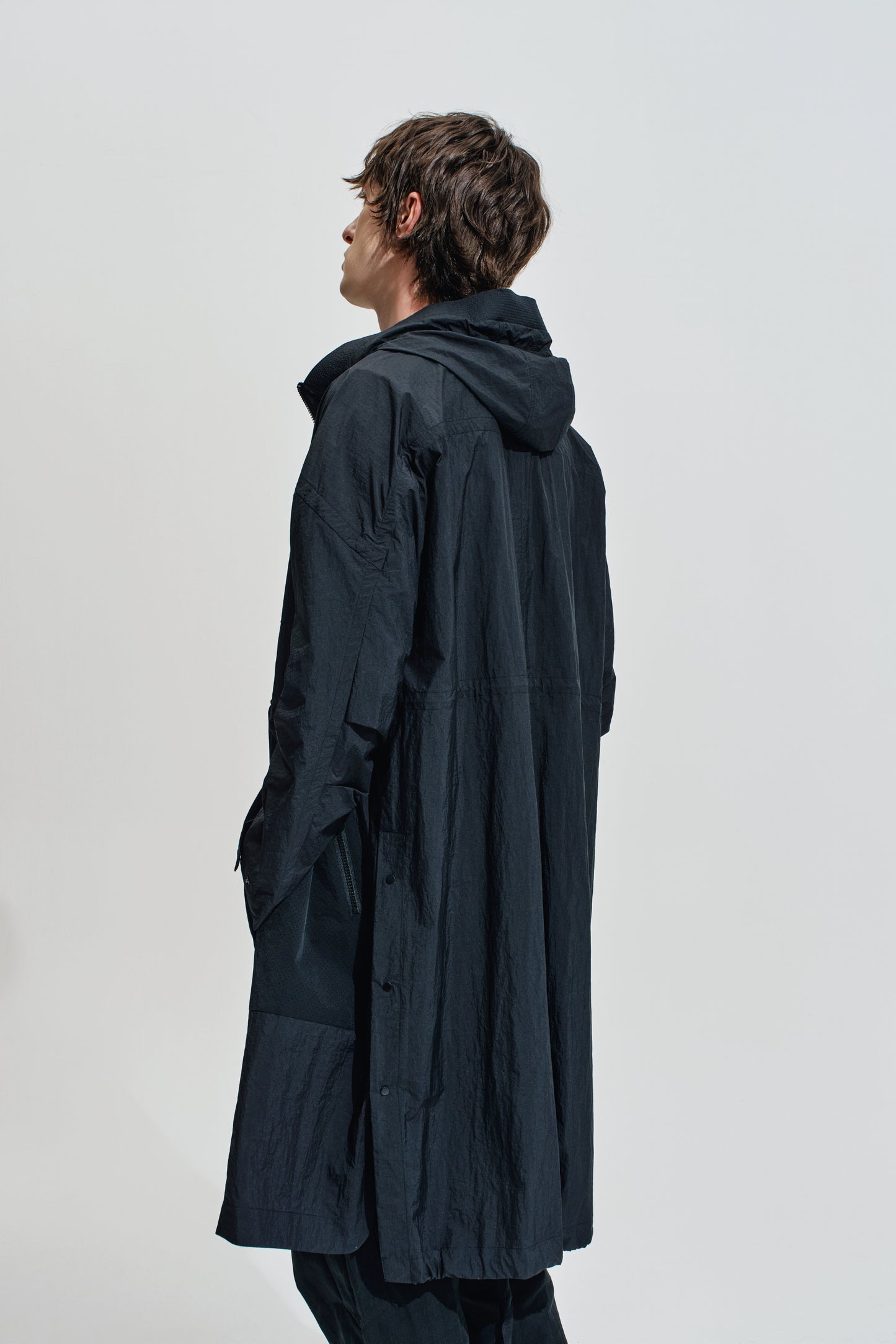 Fabric Contrast Nylon Long Coat With Hood