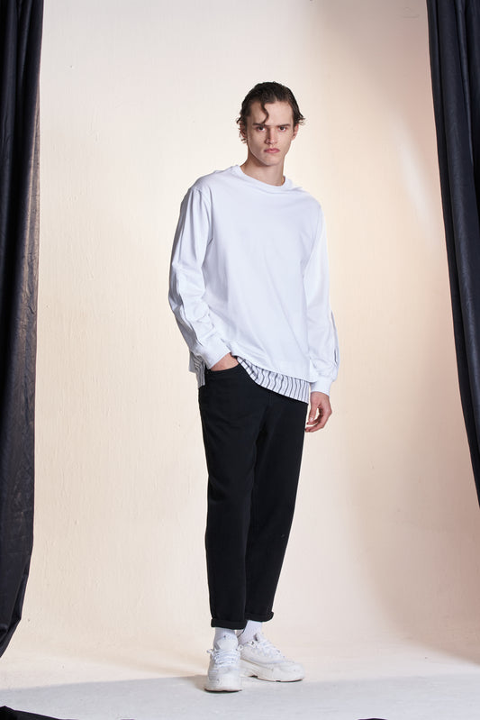 ストライプ織り裾の長袖Tシャツ