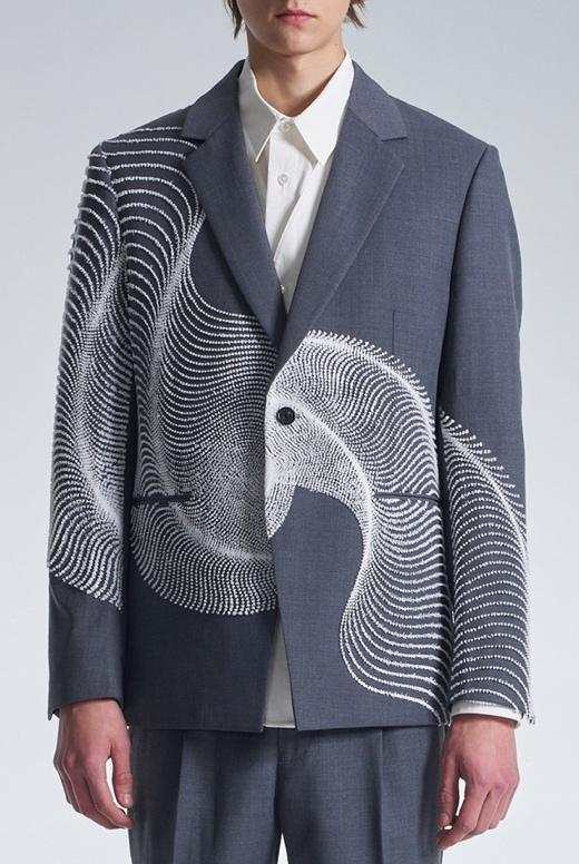 Wool Blazer With Wavy Dots Lines Embroidery