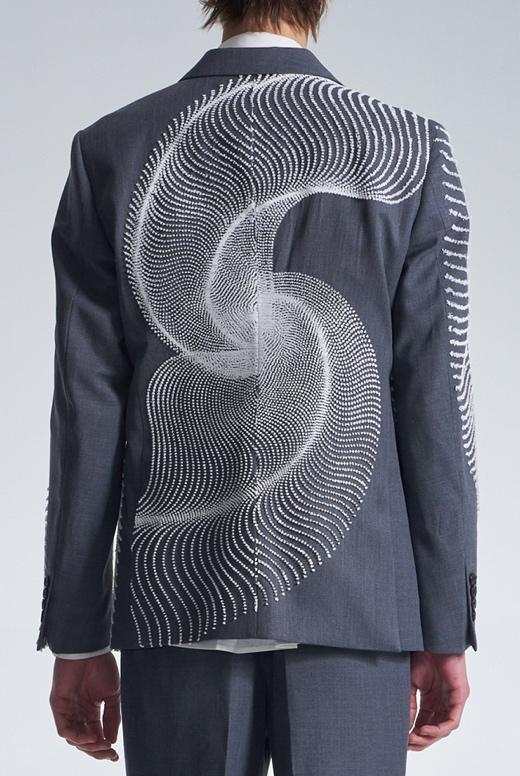 Wool Blazer With Wavy Dots Lines Embroidery