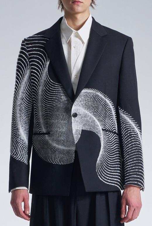 Wool Blazer With Wavy Dots Lines Embroidery