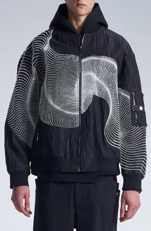 Bomber Jacket With Wavy Dots Lines Embroidery