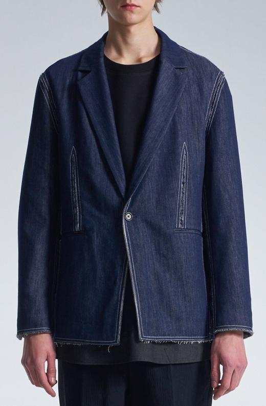 Raw Edge Denim Blazer With Sandwich Knit Base