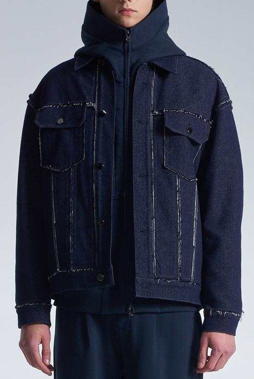 Raw Edge Denim Jacket With Sandwich Knit Base