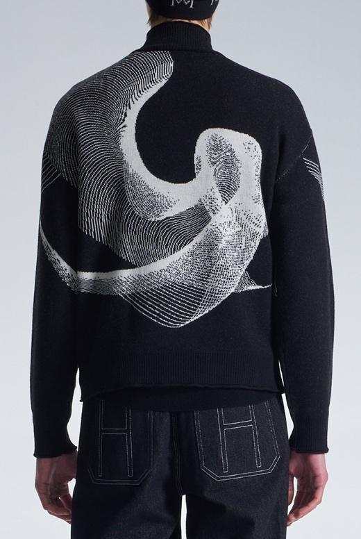 Wool Zipper Cardigan With Twisted Wavy Lines Pattern