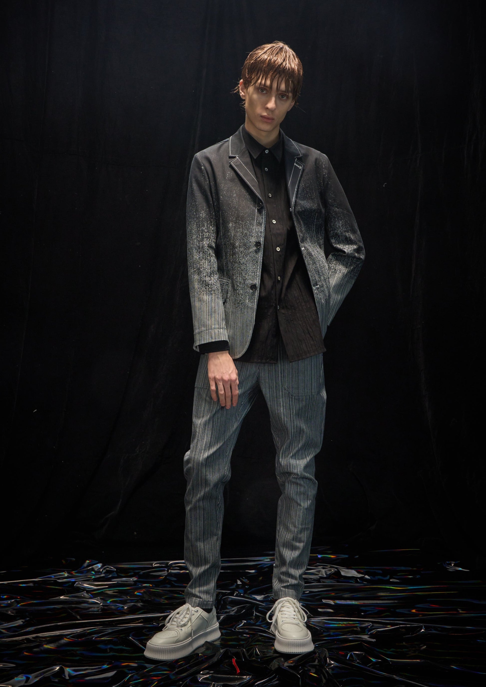 Harrison Wong Striped Denim With Gradation Rain Print