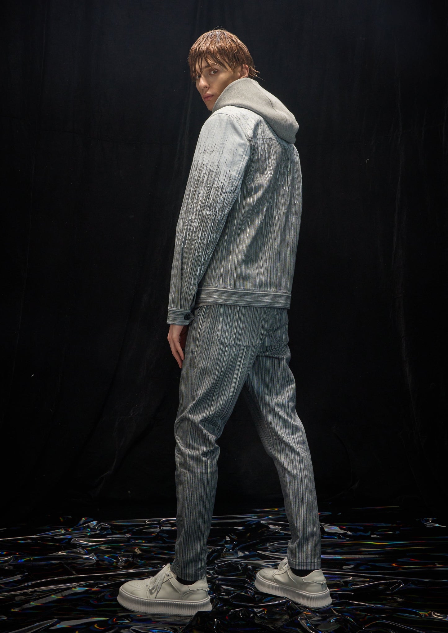 Harrison Wong Striped Denim Jacket With Rain Print
