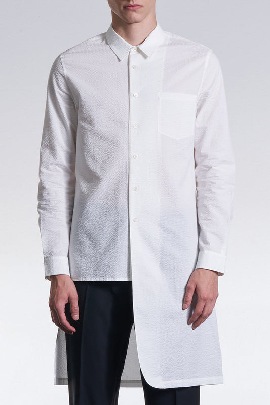 Seersucker Long Shirt With Asymmetric Hem