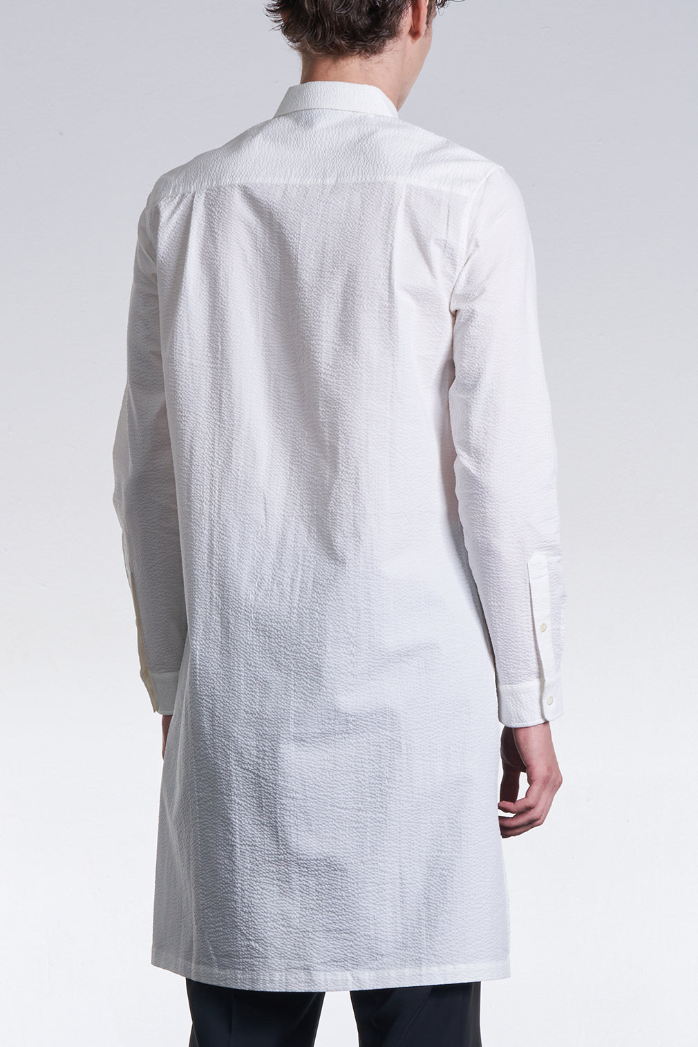 Seersucker Long Shirt With Asymmetric Hem